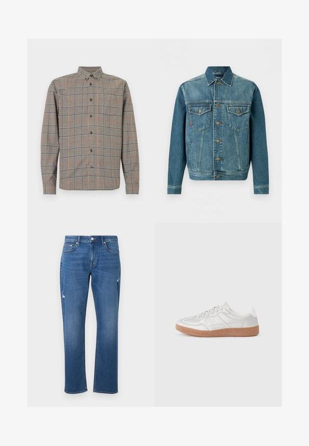 Veste en jean bleu à boutons, avec deux poches poitrine à rabat et des poches latérales, avec des surpiqûres contrastées et des boutons en métal.; Chemise à manches longues avec col classique, présentant un motif à carreaux beige et noir avec des lignes subtiles rouges et bleues.; Jean droit bleu avec cinq poches, fermeture à bouton et fermeture éclair à l'avant, et détails légèrement usés sur les cuisses.; Baskets argentées avec une texture lisse, un design à lacets, des accents perforés et une semelle en caoutchouc marron texturé.