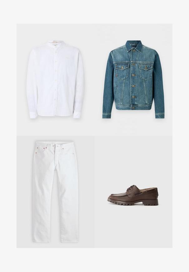 Veste en jean bleu à boutons, avec deux poches poitrine à rabat et des poches latérales, avec des surpiqûres contrastées et des boutons en métal.; Chemise blanche à manches longues avec col mandarin, boutons visibles et une poche poitrine discrète sur fond uni.; Jean blanc pour homme, coupe droite, avec braguette à boutons, cinq poches et détails en rivets de cuivre sur un fond gris clair.; Chaussure en cuir marron au design mocassin, avec un bout cousu, des œillets en métal et une semelle en caoutchouc épaisse avec un motif texturé.