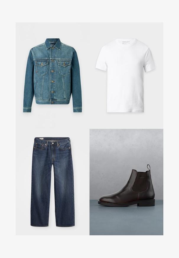 Blå denim knap-op jakke med to brystlommer med klap og sidelommer, med kontrastsyning og metal knapper.; Plain hvid kortærmet bomulds t-shirt med ribbet tekstur og rund halsudskæring, vist på en lysegrå baggrund.; Mørkeblå denim jeans med lige ben, fem-lomme design, metalknap og lynlåsgylf samt subtile slidmærker.; Brune læder Chelsea støvle med elastiske sidepaneler, en hælletab, og en glat finish, placeret på en tekstureret murstens- og grusoverflade.