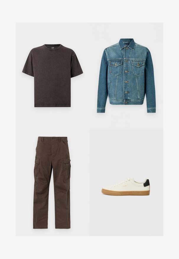 Veste en jean bleu à boutons, avec deux poches poitrine à rabat et des poches latérales, avec des surpiqûres contrastées et des boutons en métal.; T-shirt gris foncé à manches courtes avec col rond, coupe décontractée, coutures visibles et petit logo "GAP" sur le col intérieur.; Pantalon cargo marron à jambes droites avec poches à rabat latérales, poches avant inclinées, passants pour ceinture et fermeture par bouton.; Sneaker en toile blanche avec une semelle en gomme, accent au talon noir, bout rond et design à lacets. Présente le logo de la marque en doré sur le côté.