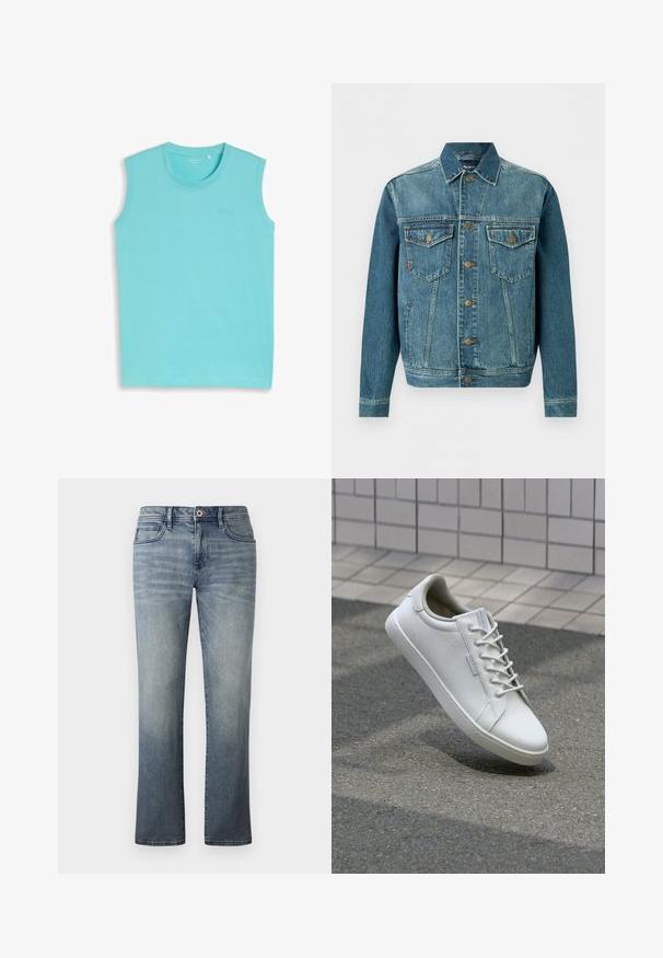 Veste en jean bleu à boutons, avec deux poches poitrine à rabat et des poches latérales, avec des surpiqûres contrastées et des boutons en métal.; Débardeur turquoise à col rond avec un logo discret sur la poitrine, présenté sur un fond gris clair.; Jean en denim délavé clair avec une coupe droite, style cinq poches, fermeture à bouton en métal et subtils détails décolorés.; Baskets blanches en cuir texturé, avec un système de laçage à l'avant, une semelle en caoutchouc robuste et un design minimaliste avec un embout renforcé.