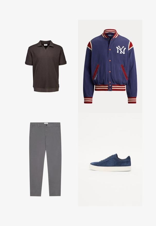 Veste varsity bleue avec poignets et col rayés rouge et blanc, bordure de poche rouge et logo NY blanc sur la poitrine.; Polo à manches courtes de couleur marron foncé avec un col en V et un tissu légèrement texturé, présenté sur un fond blanc.; Pantalons en coton gris avec une coupe slim, dotés de deux poches avant, d'une seule poche arrière et d'une fermeture à bouton à la taille.; Baskets en suède bleu marine avec un bout arrondi, cinq œillets, semelle en caoutchouc blanche et design minimaliste. Texture lisse, sans motifs visibles.