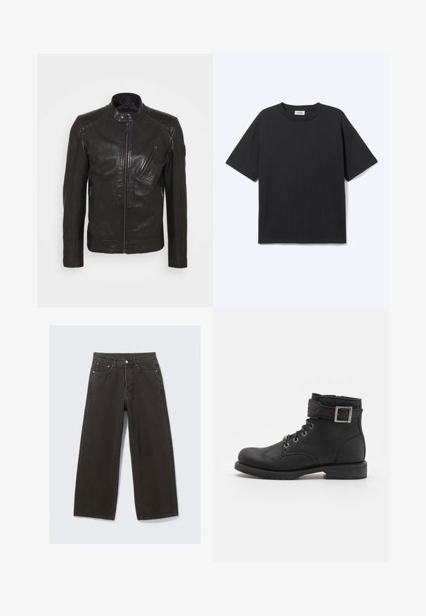 Schwarze Leder-Motorradjacke mit Stehkragen, gesteppten Schulterdetails, asymmetrischem Frontreißverschluss und zwei Reißverschlusstaschen.; Schwarzes T-Shirt mit kurzen Ärmeln und Rundhalsausschnitt in lockerer Passform, Vorderansicht, schlichtes Design und sichtbares Weekday-Label im Krageninneren.; Hochwaisted, weit geschnittene schwarze Denim-Jeans verfügen über ein Fünf-Taschen-Design und einen Knopfverschluss. Der Stoff hat eine weiche, strukturierte Oberfläche.; Schwarze Leder-Ankle-Boots mit schnürbarem Design, Metallbeschlägen und einem seitlichen Riemen mit Schnallendetail. Robuste Sohle und glatte Textur.