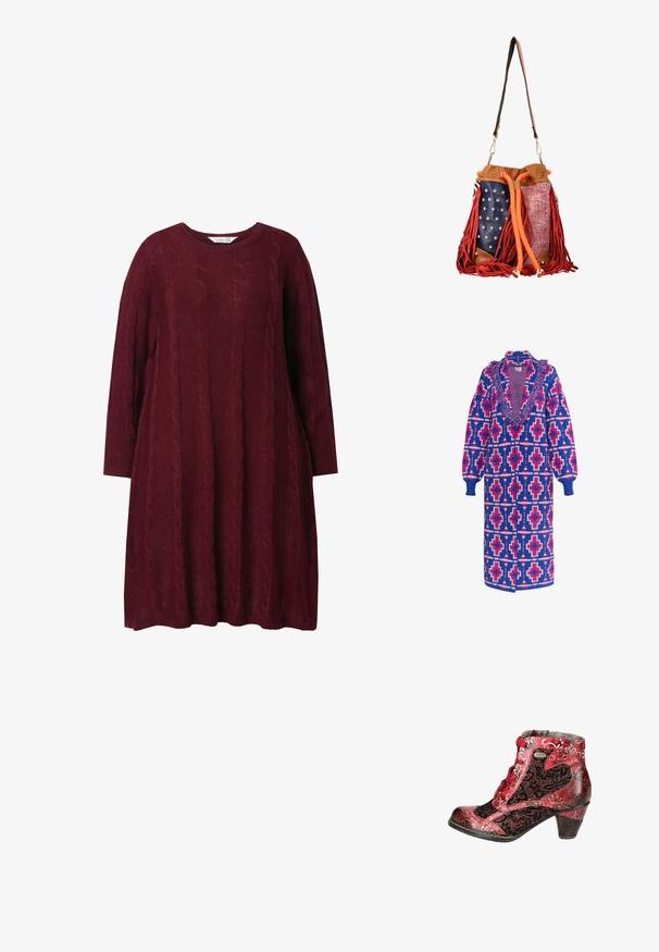 Lang strikket overtøj i blå, pink og hvid med geometriske mønstre, en frynset halsudskæring og ribbede manchetter. Åben frontdesign.; Bordeaux strikket kjole med rund halsudskæring, lange ærmer og kabelstrik mønster. Løs pasform med ribbestrikkede manchetter og kant.; Snørebåndet ankelstøvle i rød og sort, med blomsterprint, tekstureret overflade og en træhæl. Metal-logo accent på siden.; Bucket-taske med brun læderkant, marineblåt panel med sølvnitter, lyserødt tekstureret stof, rødt frynse og orange snørelukning.