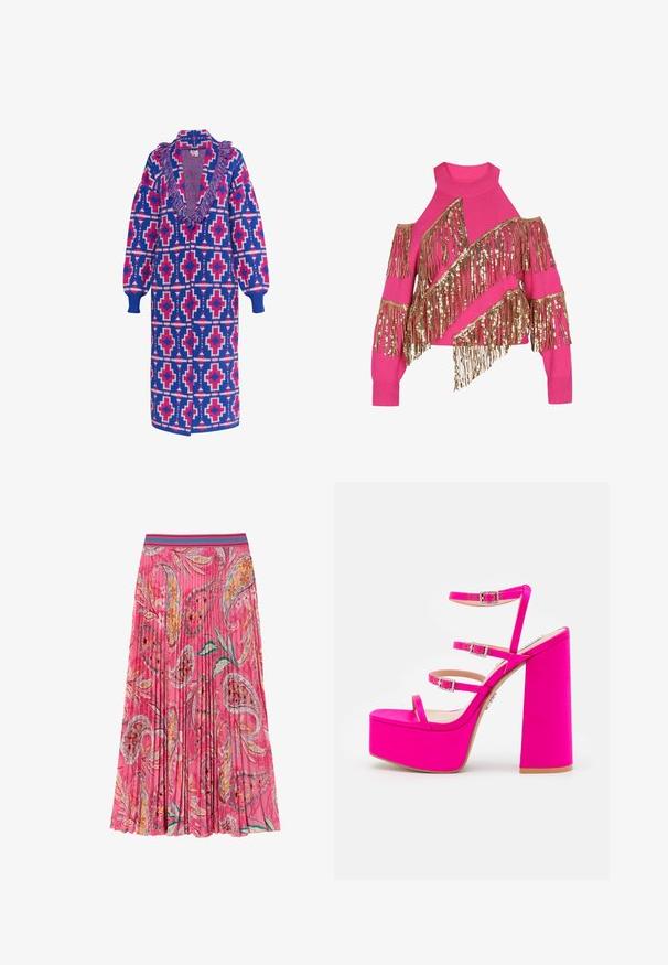 Lang strikket overtøj i blå, pink og hvid med geometriske mønstre, en frynset halsudskæring og ribbede manchetter. Åben frontdesign.; Lyserød strikket sweater med udsagnsfulde skulderskæringer, prydet med guld- og bronze-frynse detaljer henover fronten og ærmerne, samt ribbede krave og manchetter.; Lyserød plisseret nederdel med blomster- og paisleymønstre, med en kontrasterende turkise stribet talje. Lavet af letvægtsstof.; Steve Madden ELAVATOR - Højhælede sandaletter / Højhælede sandaler - fuchsia