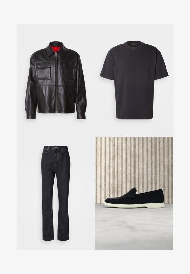 Chaqueta de cuero negro con cremallera frontal, dos bolsillos en el pecho y un forro interior rojo. Presenta un cuello clásico y un corte relajado.; Camiseta de algodón de manga corta negra, con un cuello redondo y un sutil logo en el cuello. Textura suave y corte holgado.; Jeans de mezclilla negros de cintura alta con cierre de botón y cremallera, bolsillos frontales y traseros, y corte recto.; Zapato negro sin cordones con puntera redondeada, que presenta una parte superior texturizada, suela blanca lisa y un discreto detalle de marca en el lateral.