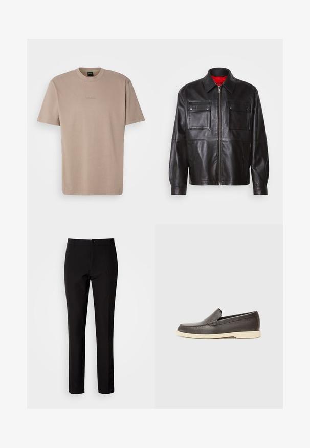Veste en cuir noir avec une fermeture éclair à l'avant, deux poches poitrine et une doublure intérieure rouge. Dotée d'un col classique et d'une coupe décontractée.; T-shirt beige à manches courtes en coton doux avec un col rond, affichant un logo "BOSS" brodé sur la poitrine.; Pantalon noir en tissu lisse, avec coupe droite, fermeture à boutons sur le devant et poches latérales discrètes. Look simple et ajusté.; Chaussures à enfiler en cuir marron avec une surface texturée et une semelle beige clair contrastante, présentant un bout arrondi et de minimalistes détails de couture.