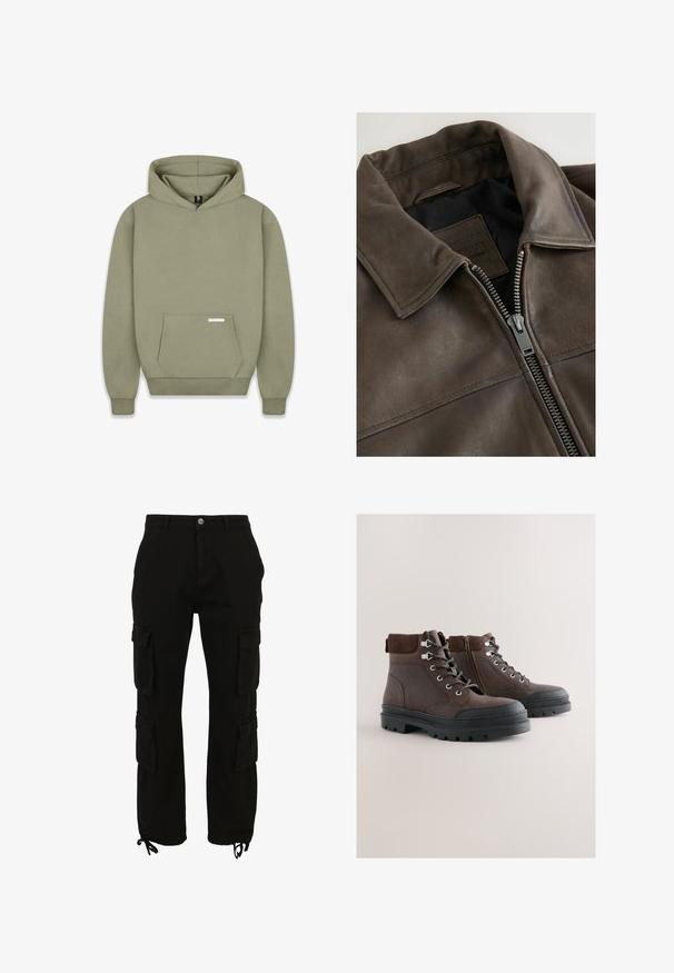 Veste en cuir marron avec un col et une fermeture éclair à l'avant. Surface texturée avec des coutures visibles et une étiquette de marque à l'intérieur.; Sweat-shirt à capuche vert olive, avec des manches longues, une poche kangourou à l'avant, des poignets côtelés, et une petite étiquette sur la poche.; Pantalon cargo noir en coton, doté de multiples poches latérales, d'une fermeture à boutons et d'ourlets réglables avec cordons.; Bottines en cuir marron avec accents en daim, bout rond, laçage à l'avant, fermeture éclair latérale et semelle en caoutchouc épaisse à motif texturé.