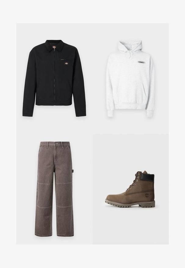 Veste noire zippée avec col, poche poitrine zippée, poches latérales, et petit logo coloré sur la poitrine et le col.; Sweat à capuche gris clair en tissu doux, avec une poche kangourou, une capuche à cordon et un logo noir "OBEY" sur la poitrine.; Pantalons larges de couleur marron délavée, fabriqués en tissu durable avec des coutures contrastées. Présente des détails en panneaux et une poche latérale.; Bottines en cuir marron avec un col noir, œillets en métal et semelle grise robuste. Comprend un logo sur le côté et des détails cousus.