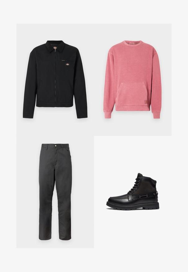 Zwarte jas met ritssluiting en kraag, borstzak met rits, zijzakken en klein kleurrijk logo op borst en kraag.; Roze sweatshirt met een ronde hals, lange mouwen, een zak aan de voorkant en geribbelde boorden en zoom. Voorzien van een klein logo-label.; Zwarte, rechte broek gemaakt van een gladde stof, met een knoopsluiting en zijzakken. Eenvoudig ontwerp zonder zichtbare patronen of accenten.; Timberland BRITTON ROAD EYE MOC-TOE - Veterboots - black