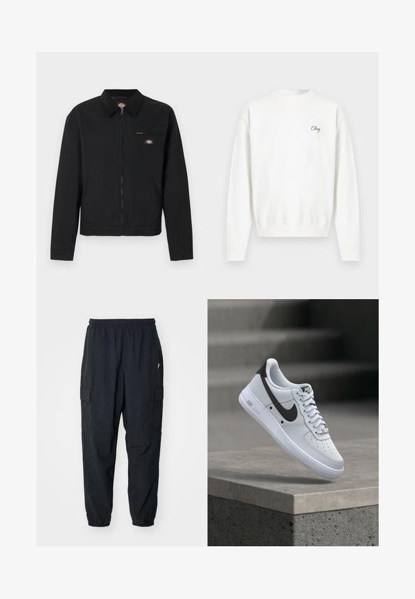 Sort lynlåstrøje med krave, lynlåslomme på brystet, sidelommer og lille farverigt logo på brystet og kraven.; Hvid sweatshirt lavet af blødt stof med rund halsudskæring og ribkant ved ærmerne. Ordet "Obey" er broderet i en enkel, kursiv skrifttype på brystet.; Sorte cargo-bukser lavet af letvægtsmateriale, der har en elastisk talje, sidelommer og en afslappet pasform med elastiske manchetter.; Hvid Nike Air Force 1 sneaker med sort swoosh-logo, svævende over en betonforkant med slørede trapper i baggrunden.