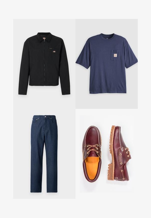 Veste noire zippée avec col, poche poitrine zippée, poches latérales, et petit logo coloré sur la poitrine et le col.; T-shirt bleu marine à manches courtes avec une poche poitrine comportant une petite étiquette beige avec un texte rouge.; Pantalon en denim bleu foncé avec fines rayures blanches verticales, coupe droite, cinq poches et garnitures métalliques à la taille.; Chaussures en cuir bourgogne avec semelles en caoutchouc marron, bout rond, couture blanche et œillets dorés. L'intérieur présente une doublure jaune.