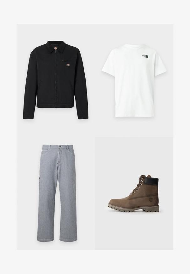 Veste noire zippée avec col, poche poitrine zippée, poches latérales, et petit logo coloré sur la poitrine et le col.; T-shirt blanc en coton à manches courtes et col rond, avec un petit logo noir de The North Face sur le côté gauche de la poitrine.; Pantalon à jambe droite à rayures verticales grises et blanches, avec poches avant et taille à fermeture boutonnée.; Bottines en cuir marron avec un col noir, œillets en métal et semelle grise robuste. Comprend un logo sur le côté et des détails cousus.