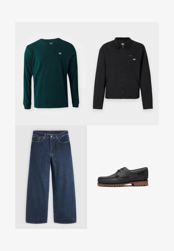 Veste noire zippée avec col, poche poitrine zippée, poches latérales, et petit logo coloré sur la poitrine et le col.; T-shirt à manches longues en coton vert foncé avec un col rond et un petit logo blanc sur la poitrine gauche. Texture lisse, coupe décontractée.; Jean en denim bleu foncé à jambes larges avec poches avant, fermeture à boutons et passants de ceinture, posé à plat sur un fond clair.; Chaussure bateau en cuir noir avec détails en lacets, bout rond, semelle en caoutchouc marron texturée et côtés en cuir cousus.