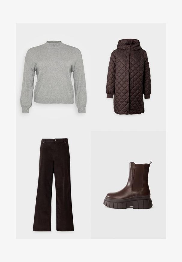 Mørkebrun quiltet lang jakke med hætte, trykknapslukning foran og elastiske ærmegab mod en ensfarvet baggrund.; Lysegrå strikket sweater med lange ærmer, ribbestrikket rund hals, manchetter og kant, præsenteret på en hvid baggrund.; Mørkebrune kordfløjspbukser med vide ben, forlommer, bæltestropper og knaplukning ved taljen.; Mørkebrune læderankelstøvler med en tyk, klodset sål og elastiske sidepaneler, placeret mod en ensfarvet hvid baggrund.