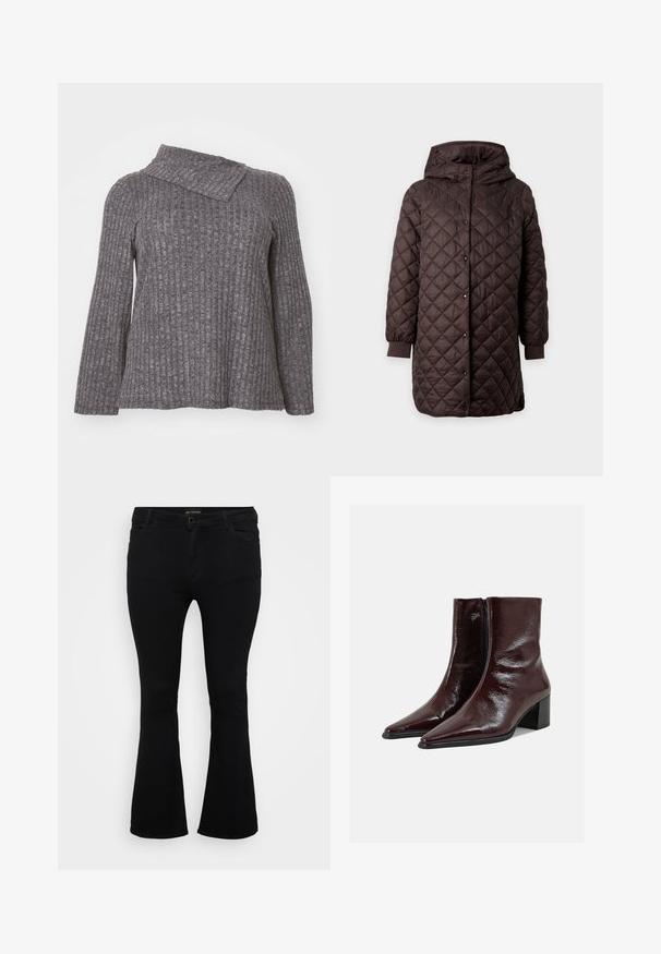 Veste longue matelassée marron foncé avec capuche, fermeture devant à boutons-pression, et poignets élastiques sur les manches sur un fond uni.; Haut à manches longues gris à côtes avec un col asymétrique, présentant un tissu texturé et une coupe ample et décontractée.; Jean évasé noir en denim, doté d'une fermeture à bouton, de cinq poches et d'une texture lisse. Design classique avec un ourlet évasé.; Bottines en cuir marron foncé brillant avec bouts pointus, fermeture éclair latérale et talons blocs sur un fond uni gris clair.