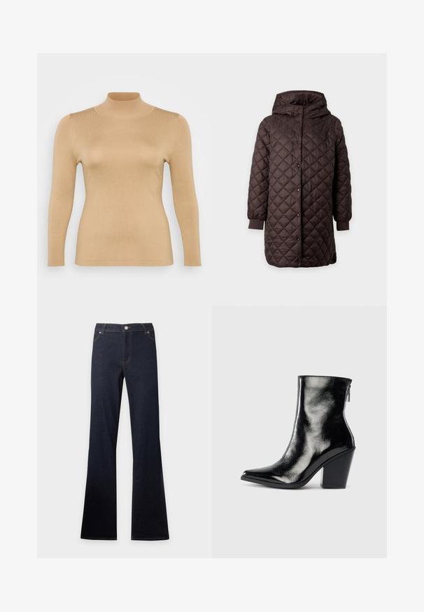 Veste longue matelassée marron foncé avec capuche, fermeture devant à boutons-pression, et poignets élastiques sur les manches sur un fond uni.; Haut en beige à col roulé, à manches longues, avec une texture côtelée, une coupe ajustée et un col haut. Matériau lisse sans embellissements visibles.; Jean en denim bleu foncé avec une taille haute et des jambes évasées, avec poches avant, bouton et fermeture éclair.; Bottines en cuir noir avec une finition brillante, bout pointu et talon trapèze. Dotées d'une fermeture éclair latérale pour un enfilage facile.