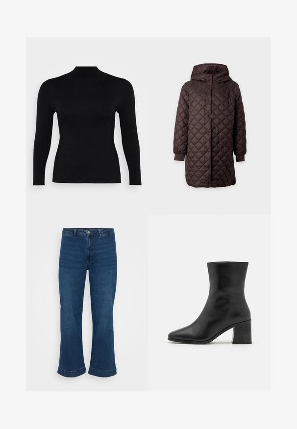 Tumepruun kapuutsiga pikk tikitud jakk, esiküljel trukknapp-lukk ja elastsed varrukasäärised, ühevärvilise tausta ees.; Must musta pika varrukaga turtleneck, valmistatud pehmest ja siledast kangast. Kitsas lõige, kõrge kaelaosa ja sirge äär, minimaalsete õmblustega ning ilma mustriteta.; Kõrge vöökohtadega sinised teksad, sirgete säärte ja laieneva servaga, valmistatud denimist. Omab klassikalist viit taskut ja metallist nööbiga kinnihoidmist.; Must matte musta saabaste, terava varbaga, sile tekstuur, keskmise kõrgusega plokkkonts, minimalistik disain ja õmblustega viimistlus kaeluse ääres.