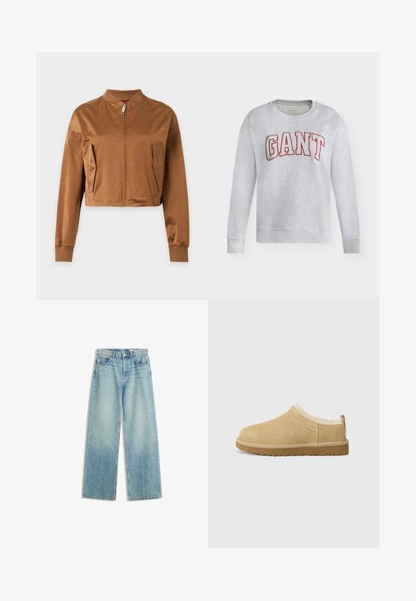 Brun cropped jakke med frontlynlås, to sidelommer, ribbet krave og ribbet manchetter på lange ærmer.; Lysegrå langærmet sweatshirt med rød omrids "GANT" tekst tværs over brystet, rund hals og ribstrikkede manchetter og kant.; Lyseblå denimjeans med bred bendesign, mellemhøj talje, fem lommer, kontrastsyninger og minimal lyseeffekt for et klassisk look.; Suede slip-on sko i lys tan, med en blød pelsforing og tekstureret gummisål med en let hæl og bagestrop for nem påklædning.