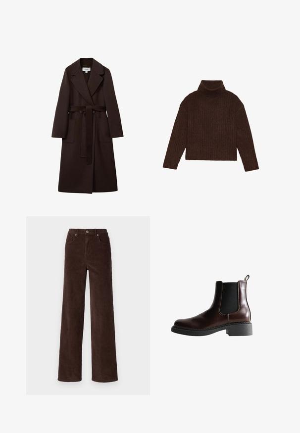 Reiss FIT - LUCIA DOUBLE BREASTED BLINDSEAM - Klassisk frakke - chocolate; Brun ribbet turtleneck sweater med lange ærmer og cropped silhuet, med et tykkere, struktureret strikdesign.; Vero Moda VMTESSA WIDE PANTS - Bukser - chocolate torte; Brune læder ankelstøvle med elastiske sidepaneler, rund tå og en struktureret sort gummisål. Har kontrasterende syninger og en trækflap.
