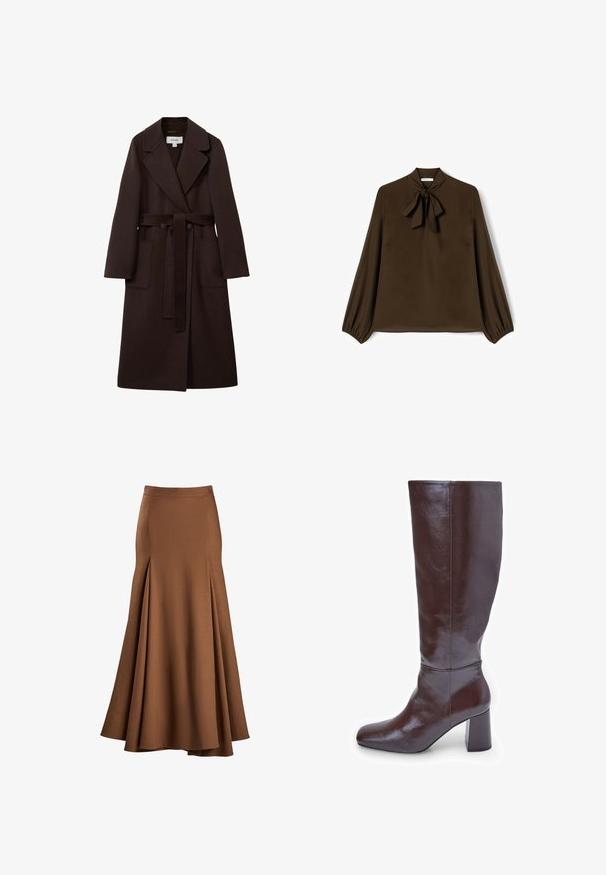 Reiss FIT - LUCIA DOUBLE BREASTED BLINDSEAM - Abrigo clásico - chocolate; Blusa marrón con un cuello alto y un lazo en el collar. Mangas largas con puños elásticos, hecha de una tela suave.; Falda larga marrón de tela texturizada, con cintura ajustada, dobladillo acampanado y detalles de pliegues para un movimiento fluido.; Botas de cuero marrón hasta la rodilla con puntera cuadrada y un tacón grueso. El acabado es brillante, resaltando la textura suave y las líneas de diseño.