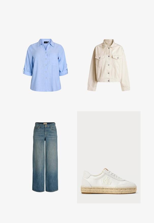 Cremefarvet denimjakke med krave, knapfront, to brystlommer og en cropped silhuet. Har sølvfarvede knapper og lange ærmer.; Lyseblå, kortærmet skjorte med knapper og krave, enkelt brystlomme og ærmer med rulleflap. Fremstillet af et struktureret stof.; Blå høj-taljede vide jeans med frontknap og lynlås, bæltestropper og fem-lomme design, vist på hvid baggrund.; Hvide lærreds sneakers med en struktureret espadrille sål, broderet RL-logo på siden og traditionelle runde snørebånd.