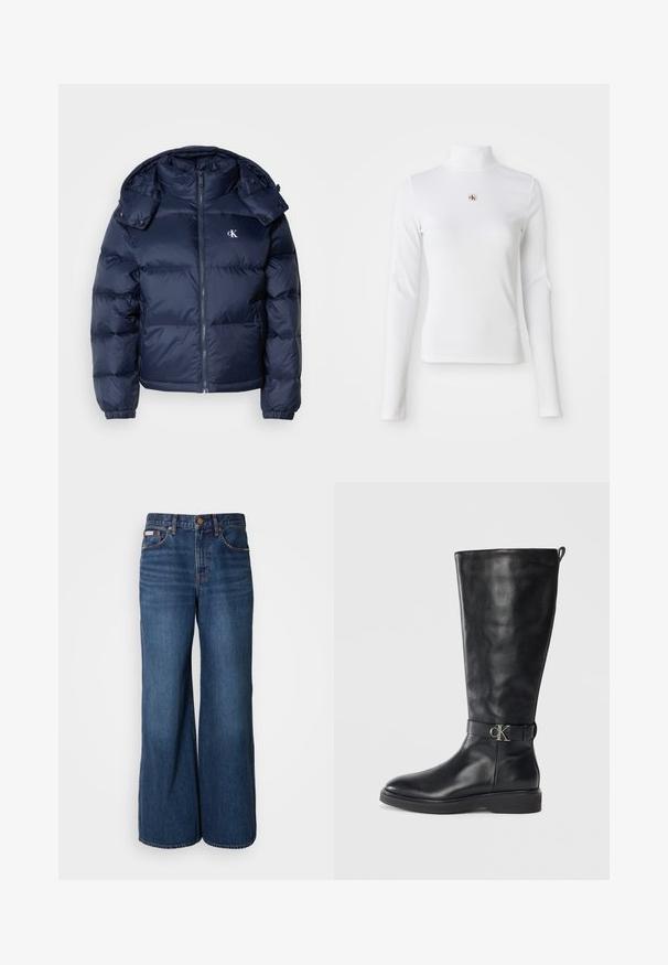 Marineblauwe pufferjas met een ritssluiting aan de voorkant, afneembare capuchon en elastische manchetten. Beschikt over een subtiel logo op de borst en een gestikt patroon.; Witte turtleneck met lange mouwen, gemaakt van ribbelstof. Bevat een klein geborduurd logo in het midden. Aansluitend ontwerp zonder patronen.; Wijdvallende jeans van donkerblauwe denim. Kenmerken zijn een hoge taille, vijf zakken en contrasterende oranje stiksels langs de naden.; Zwarte leren kniehoog laars met lage hak, ronde neus en een metalen "CK" logo gesp rond de enkel.