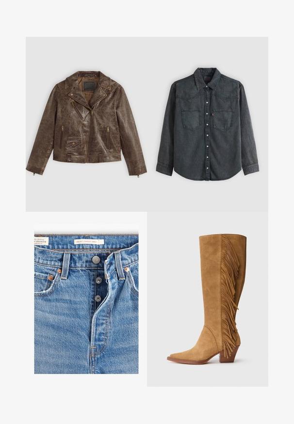 Chaqueta de moto de cuero marrón con un acabado texturizado, que presenta una cremallera off-center, múltiples bolsillos con cremallera y detalles a presión.; Camisa de manga larga de mezclilla gris oscuro con cierre de botones al frente, dos bolsillos en el pecho, cuello puntiagudo y costuras en el canesú al estilo occidental.; Jeans de mezclilla azul claro con corte recto a la altura del tobillo. Incluye cinco bolsillos, dos botones de metal y costuras naranjas visibles. Etiquetas presentes.; Botas de ante en color marrón claro, de caña alta, con punta afilada, que presentan flecos verticales en el costado y un tacón de madera apilada.