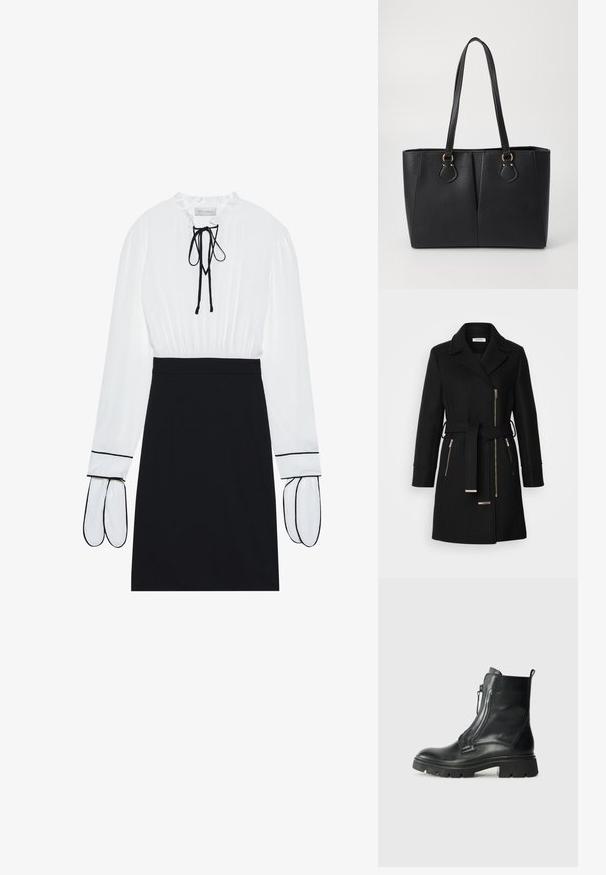 Manteau en mélange de laine noire avec un col à revers, une ceinture ajustable et des zips sur les côtés. Tissu texturé avec des accents en métal doré.; Blouse blanche avec un col froncé et un cordon de serrage ; jupe noire ajustée avec des passepoils blancs contrastants sur les manches. Texture de tissu lisse.; Bottine en cuir noir avec une semelle en caoutchouc épaisse, fermeture éclair sur le côté, texture lisse et bout légèrement arrondi. Design minimaliste sans motifs.; Sac fourre-tout noir en simili cuir avec une finition texturée, deux longues poignées et des accents en métal doré sur le côté. Shape rectangulaire.