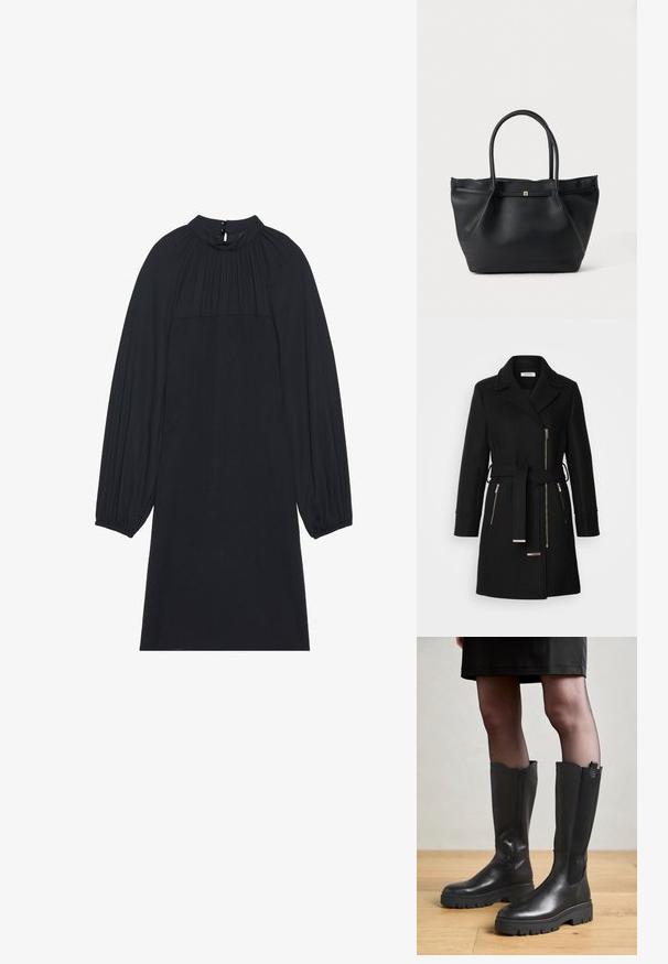 Manteau en mélange de laine noire avec un col à revers, une ceinture ajustable et des zips sur les côtés. Tissu texturé avec des accents en métal doré.; Robe noire avec un col haut, de longues manches plissées et une coupe ample. Dotée d'une fermeture à boutons au dos et d'un tissu lisse et texturé.; Bottes noires jusqu'au genou avec un extérieur en cuir lisse, des panneaux latéraux en élasthanne et une semelle en caoutchouc épaisse avec un motif de semelle texturé.; Sac cabas en cuir noir texturé avec deux poignées arrondies et un petit fermoir doré à l'avant sur un fond uni.