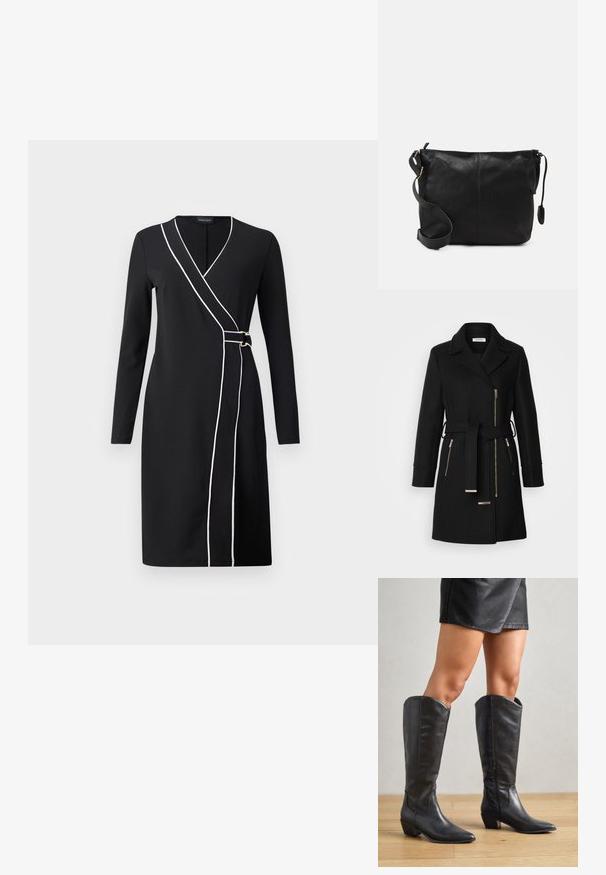 Abrigo de mezcla de lana negro con solapa en pico, cinturón ajustable y cremalleras laterales. Tejido texturizado con detalles de herrajes en tono dorado.; Vestido negro ajustado con mangas largas, con ribetes blancos en el frente y detalles en tono dorado. Tejido suave y tejido, diseño hasta la rodilla.; Botas negras hasta la rodilla, hechas de cuero suave, con punta afilada, tacón bajo cuadrado y cremallera lateral para facilitar el uso.; Bolso cruzado de cuero negro con forma plana, acentos de hardware dorado y correa ajustable. Textura suave con detalles de costura mínimos.