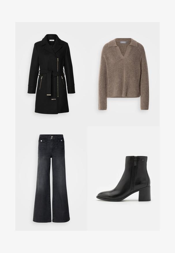 Manteau en mélange de laine noire avec un col à revers, une ceinture ajustable et des zips sur les côtés. Tissu texturé avec des accents en métal doré.; Sweater marron confortable avec un col en V, doté de manches longues et d'un design en tricot doux et texturé. Coupe décontractée et confortable.; Jean large en denim noir avec taille haute, boutons sur le devant et deux poches avant ; texture lisse avec une légère finition décolorée.; Bottines noires en cuir lisse avec une fermeture éclair sur le côté. Présentent un bout pointu et un talon bloc texturé pour plus de stabilité.