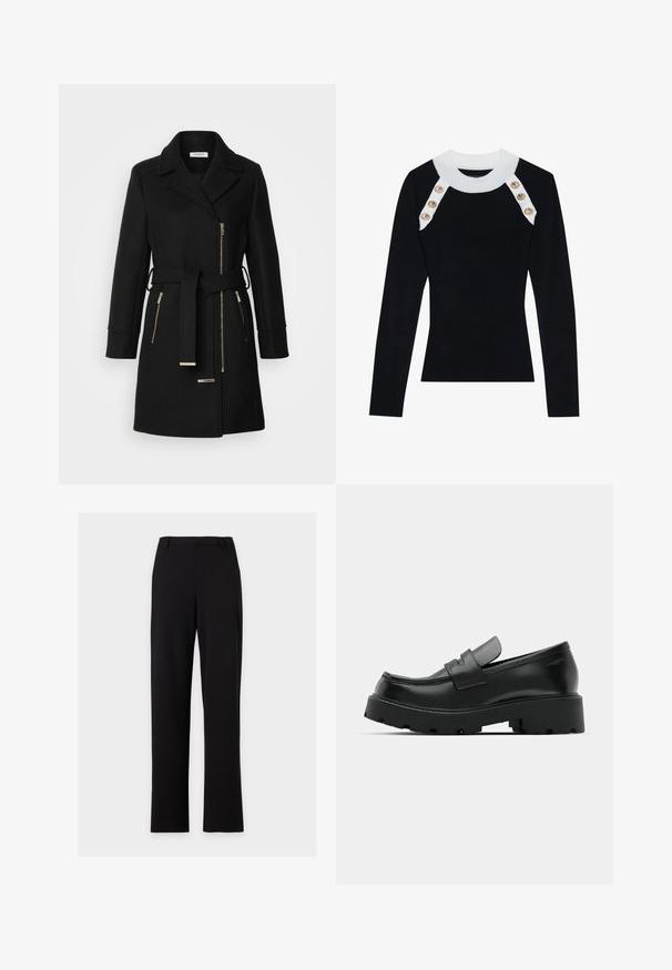 Abrigo de mezcla de lana negro con solapa en pico, cinturón ajustable y cremalleras laterales. Tejido texturizado con detalles de herrajes en tono dorado.; Top negro de manga larga con textura acanalada, que presenta un cuello blanco y acentos de botones dorados en los hombros. Textura suave, diseño ajustado.; Pantalones de vestir negros de corte recto con trabillas para cinturón y sin bolsillos visibles, mostrados sobre un fondo gris claro sencillo.; Mocasines de cuero negro con suela gruesa y texturizada, que presentan una correa sobre el empeine y un acabado suave y pulido.