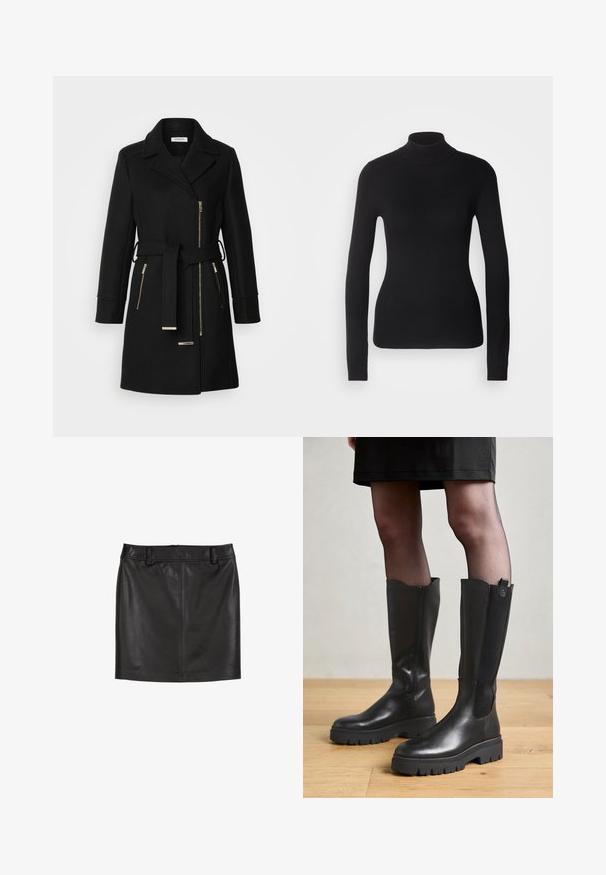 Manteau en mélange de laine noire avec un col à revers, une ceinture ajustable et des zips sur les côtés. Tissu texturé avec des accents en métal doré.; Pull à col roulé noir en maille légère. Il possède des manches longues, une coupe ajustée et une texture côtelée douce.; Jupe mini en cuir noir avec une texture lisse, un design ajusté et une silhouette droite. Caractéristiques : une taille avec passants de ceinture et une fermeture éclair à l'arrière.; Bottes noires jusqu'au genou avec un extérieur en cuir lisse, des panneaux latéraux en élasthanne et une semelle en caoutchouc épaisse avec un motif de semelle texturé.