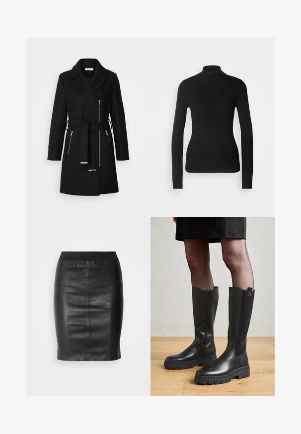 Sort uldblandingsfrakke med klippet krave, justerbart bælte og sidelommer med lynlås. Teksturstof med hardware i guldfarve.; Sort turtleneck sweater lavet af let strikket stof. Har lange ærmer, et tætsiddende design og en blød ribbet tekstur.; Sort pencilsyning lavet af glat læder, med en elastisk talje for en tætsiddende silhuet og minimalistisk design.; Sorte knæhøje støvler med en glat læderoverflade, elastiske sidedele og en kraftig gummisål med et struktureret mønster.