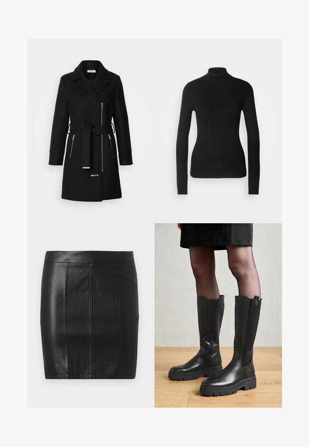 Zwarte wollen mix jas met een notch-kraag, verstelbare riem en zijritsen. Getextureerde stof met accenten in goudkleurig metaal.; Zwarte coltrui gemaakt van lichte brei stof. Heeft lange mouwen, een aansluitend design en een zachte ribbeltextuur.; Zwarte lederen minirok met een gladde textuur, voorzien van twee verticale naden aan de voorkant en een strakke, getailleerde pasvorm.; Zwarte kniehoge laarzen met een gladleren buitenkant, elastische zijpanelen en een chunky rubberen zool met een gestructureerd profiel.