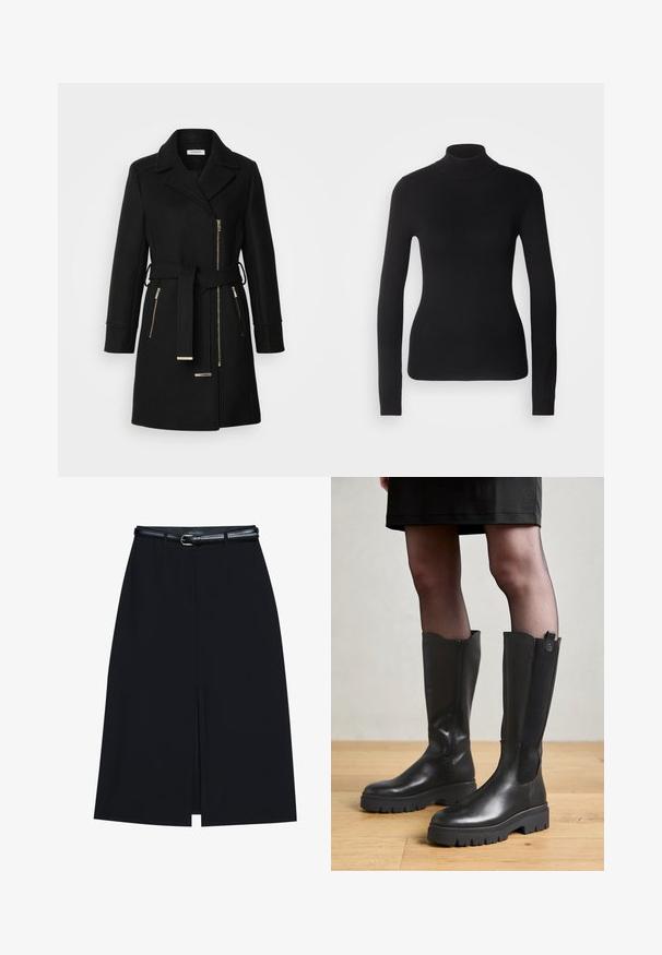 Manteau en mélange de laine noire avec un col à revers, une ceinture ajustable et des zips sur les côtés. Tissu texturé avec des accents en métal doré.; Pull à col roulé noir en maille légère. Il possède des manches longues, une coupe ajustée et une texture côtelée douce.; Jupe noire à mi-cuisse avec une fente frontale, fabriquée en tissu lisse. Comprend une fine ceinture noire avec une boucle en argent et des passants.; Bottes noires jusqu'au genou avec un extérieur en cuir lisse, des panneaux latéraux en élasthanne et une semelle en caoutchouc épaisse avec un motif de semelle texturé.
