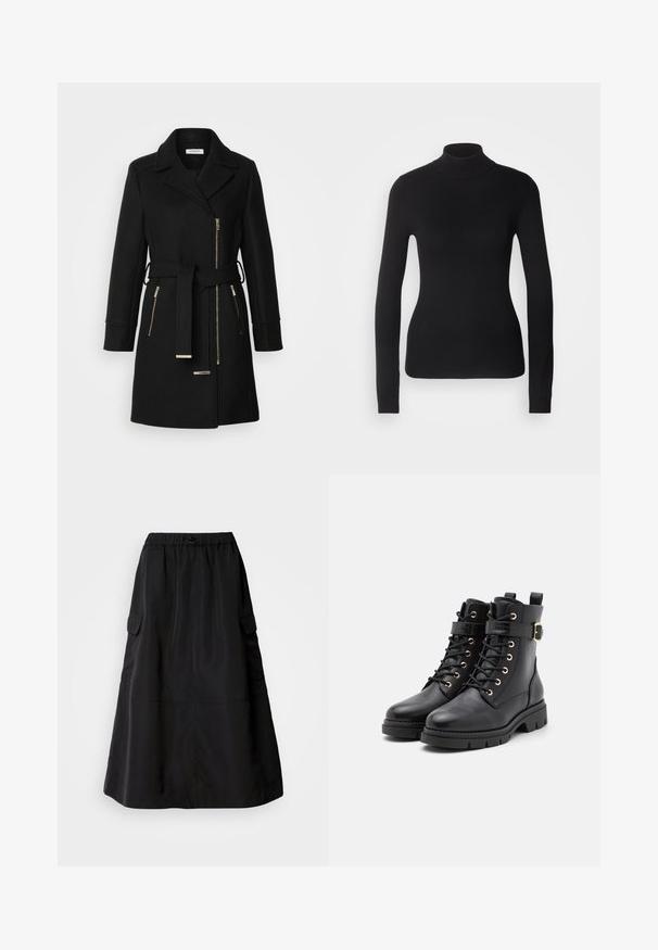 Zwarte wollen mix jas met een notch-kraag, verstelbare riem en zijritsen. Getextureerde stof met accenten in goudkleurig metaal.; Zwarte coltrui gemaakt van lichte brei stof. Heeft lange mouwen, een aansluitend design en een zachte ribbeltextuur.; Zwarte rok met een losse pasvorm, gemaakt van gladde stof. Voorzien van een elastische tailleband en twee zijcargo zakken. Middellange uitvoering.; Zwarte leren enkelboots met een ronde neus, vetersluiting, gouden oogjes, een gespaccent en een chunky, gestructureerde zool.