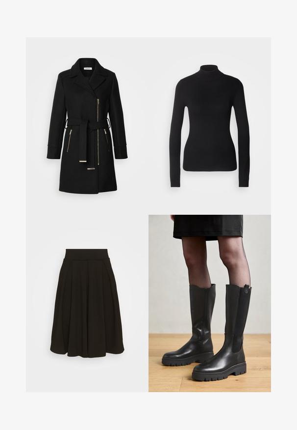 Zwarte wollen mix jas met een notch-kraag, verstelbare riem en zijritsen. Getextureerde stof met accenten in goudkleurig metaal.; Zwarte coltrui gemaakt van lichte brei stof. Heeft lange mouwen, een aansluitend design en een zachte ribbeltextuur.; Zwarte geplooide rok met een brede, elastische tailleband. Gemaakt van een zacht materiaal, met een knielange zoom en een gladde textuur.; Zwarte kniehoge laarzen met een gladleren buitenkant, elastische zijpanelen en een chunky rubberen zool met een gestructureerd profiel.