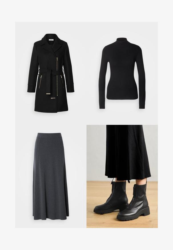 Sort uldblandingsfrakke med klippet krave, justerbart bælte og sidelommer med lynlås. Teksturstof med hardware i guldfarve.; Sort turtleneck sweater lavet af let strikket stof. Har lange ærmer, et tætsiddende design og en blød ribbet tekstur.; Mørkegrå maxi-nederdel lavet af blødt, strækbart stof. Har en høj talje og en svævende design med diskrete sidesømme for form.; Sorte læder ankelstøvler med en kraftig platformsål og en frontlynlås. Glat tekstur med et minimalistisk design.
