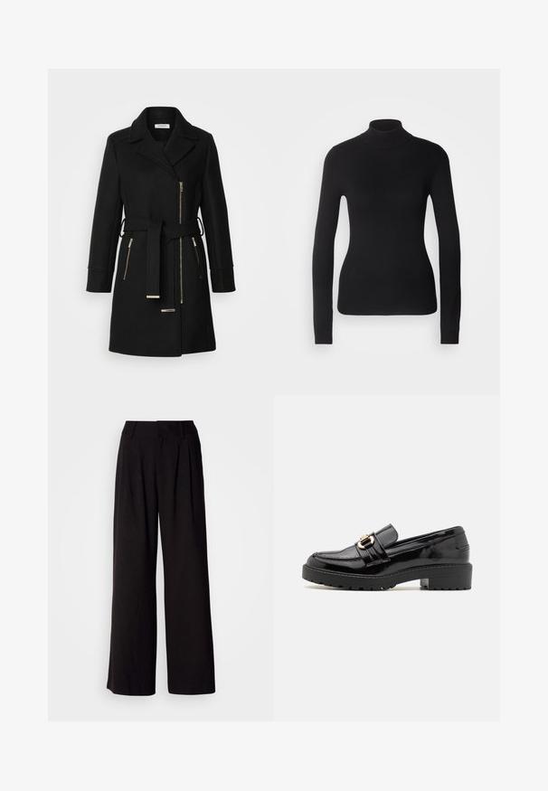 Sort uldblandingsfrakke med klippet krave, justerbart bælte og sidelommer med lynlås. Teksturstof med hardware i guldfarve.; Sort turtleneck sweater lavet af let strikket stof. Har lange ærmer, et tætsiddende design og en blød ribbet tekstur.; Sorte bukser med vid benvidde lavet af glat stof, med folder foran, en tætsiddende talje og uden synlige mønstre eller detaljer.; Sorte lakerede loafers med en lav blokhæl, der har en fremtrædende gullignende spænde og en struktureret, rillede sål.