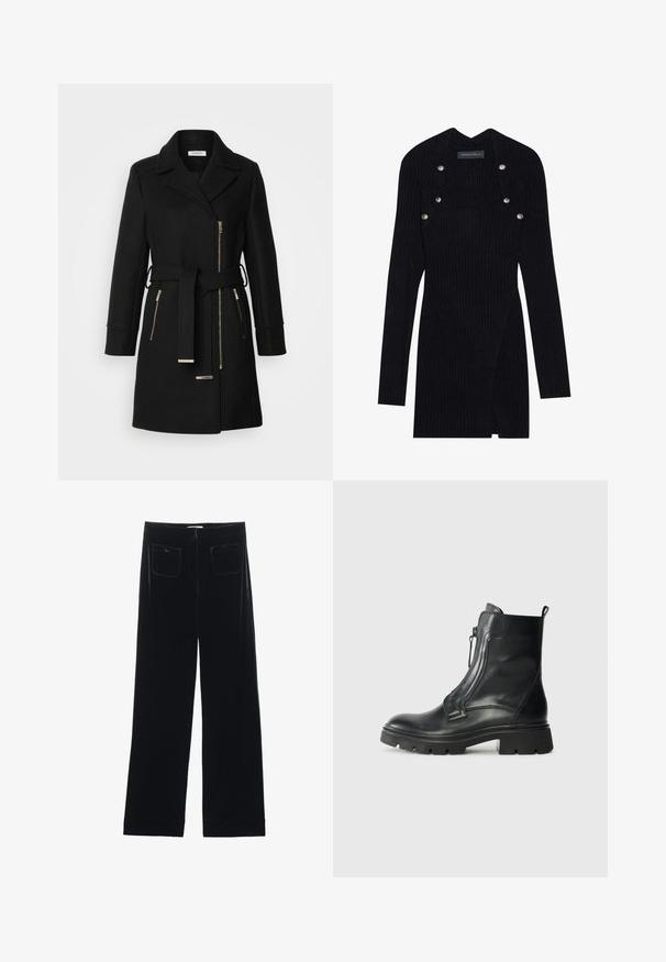 Manteau en mélange de laine noire avec un col à revers, une ceinture ajustable et des zips sur les côtés. Tissu texturé avec des accents en métal doré.; Robe noire à manches longues côtelée avec une silhouette ajustée. Présente un décolleté carré et des accents de boutons-pression argentés sur l'épaule.; Pantalons larges en velours noir avec deux poches arrière et une texture lisse, présentant une coupe droite et une finition ourlée aux chevilles.; Bottine en cuir noir avec une semelle en caoutchouc épaisse, fermeture éclair sur le côté, texture lisse et bout légèrement arrondi. Design minimaliste sans motifs.