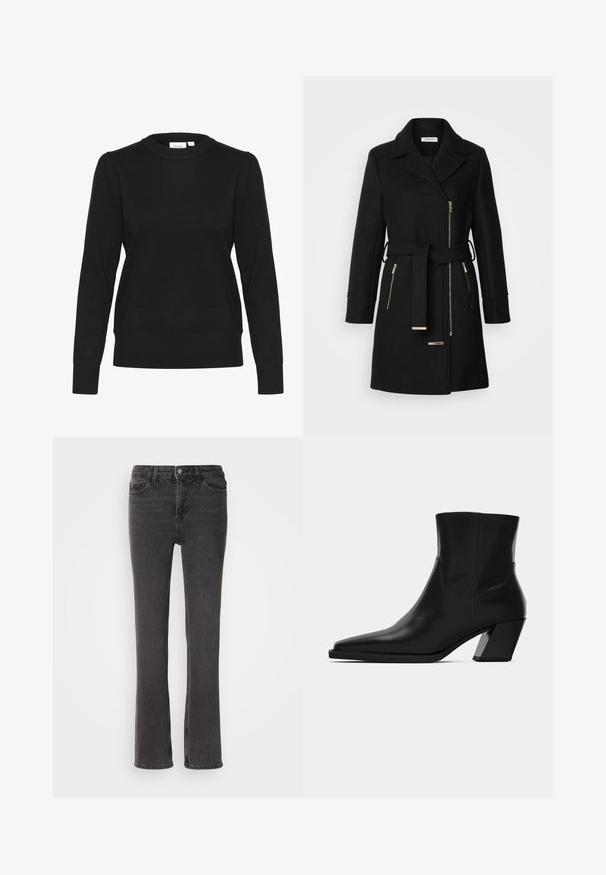 Manteau en mélange de laine noire avec un col à revers, une ceinture ajustable et des zips sur les côtés. Tissu texturé avec des accents en métal doré.; Pull en tricot noir avec des manches longues, un col rond et des poignets et un ourlet côtelés. Présente des manches légèrement bouffantes pour une texture ajoutée.; Jeans en denim noir à coupe droite, avec des poches avant, une fermeture éclair et des détails de couture subtils. Le tissu a une légère texture.; Bottine en cuir noir avec un bout pointu, une silhouette élégante et un talon carré massif. Texture lisse avec des détails de couture minimalistes.