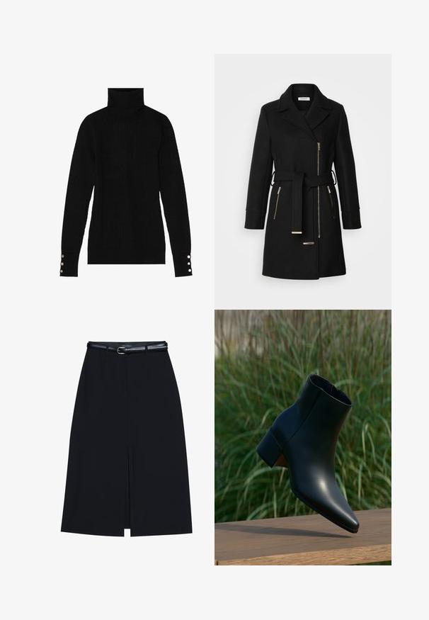Abrigo de mezcla de lana negro con solapa en pico, cinturón ajustable y cremalleras laterales. Tejido texturizado con detalles de herrajes en tono dorado.; Suéter negro de cuello alto con una textura acanalada. Presenta mangas largas ajustadas con tres botones plateados en cada puño.; Falda negra hasta la rodilla con una abertura en la parte delantera, hecha de tejido suave. Presenta un delgado cinturón negro con una hebilla plateada y pasadores para el cinturón.; Botín negro de cuero con tacón bloque, punta puntiaguda, exhibido sobre superficie de madera con fondo borroso de césped verde.