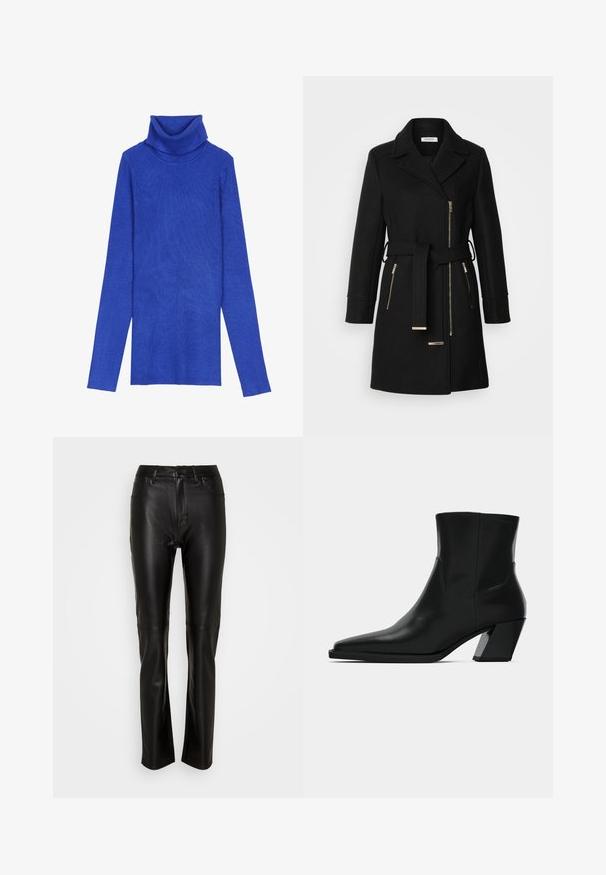 Sort uldblandingsfrakke med klippet krave, justerbart bælte og sidelommer med lynlås. Teksturstof med hardware i guldfarve.; Kongeligt blåt ribstrikket turtleneck-sweater lavet af tekstureret stof med lange ærmer og en fold-over krave, der har en smal pasform.; Sorte læderbukser med en glat tekstur, slim fit og standard talje, med en knaplukning og to forlommer.; Sortlæder ankelstøvle med spids tå, en slank silhuet og en kraftig firkantet hæl. Glat tekstur med minimale stikninger.