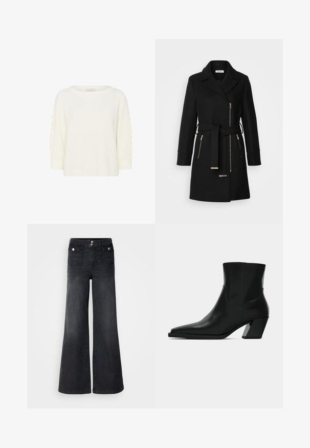 Sort uldblandingsfrakke med klippet krave, justerbart bælte og sidelommer med lynlås. Teksturstof med hardware i guldfarve.; Kaffe KABETTY - Striktrøje - chalk cc; Sorte denim brede ben jeans med høj talje, forknapper og to forlommer; glat tekstur med en let falmet finish.; Sortlæder ankelstøvle med spids tå, en slank silhuet og en kraftig firkantet hæl. Glat tekstur med minimale stikninger.