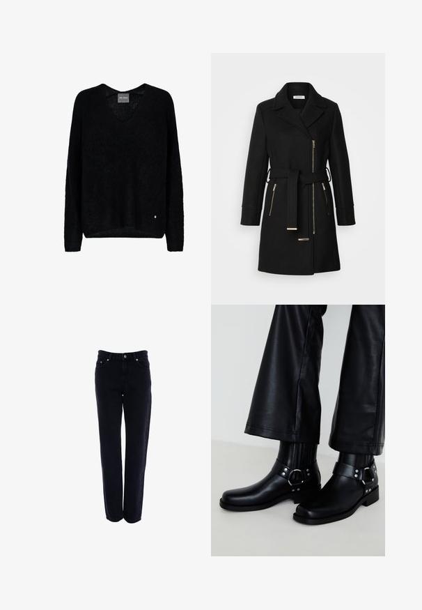 Zwarte wollen mix jas met een notch-kraag, verstelbare riem en zijritsen. Getextureerde stof met accenten in goudkleurig metaal.; Zwarte oversized trui met een V-hals, lange mouwen, gemaakt van een textuurstof. Opvallend detail is een klein metalen logo-accent bij de zoom.; Zwarte denim jeans met een recht model, vijf zakken en een knoopsluiting. Het materiaal is stevig met een gladde textuur.; Zwarte leren enkelboots met een ronde neus, voorzien van een decoratieve gesp en studs op de band, en verticale ribbels.