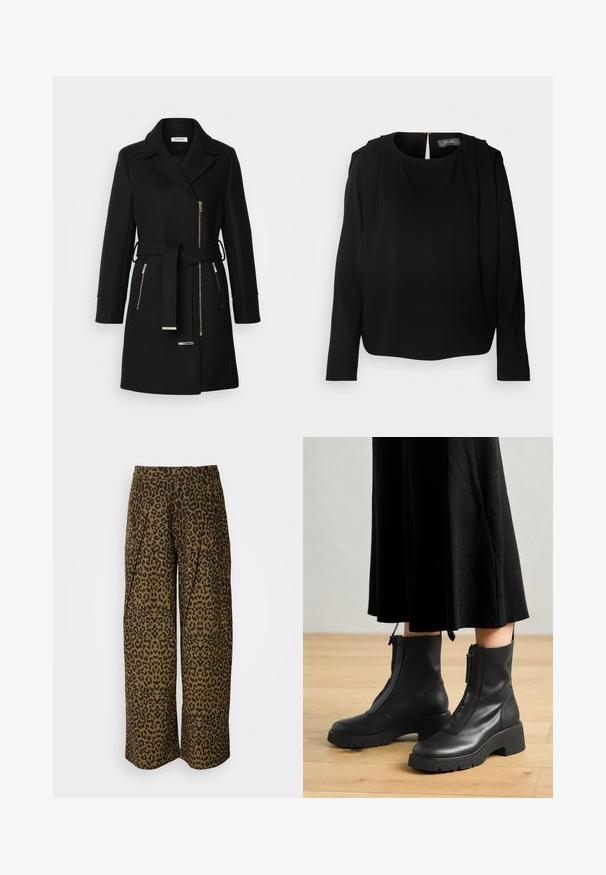 Schwarzer Wollmischungsmantel mit Reverskragen, verstellbarem Gürtel und seitlichen Reißverschlüssen. Texturiertes Gewebe mit Akzenten in Goldfarbe.; Schwarze Bluse mit langen Ärmeln, rundem Ausschnitt und plissierten Akzenten an den Schultern. Sie verfügt über einen verdeckten Reißverschluss im Rücken und ein weiches, glattes Material.; Weite Hosen in einem braun-schwarzen Leopardenmuster. Mit hohem Bund und gefaltetem Design. Weicher Stoff mit glatter Textur.; Schwarze Lederstiefeletten mit einer dicken Plattformsohle und einem Reißverschluss vorne. Glatte Textur mit einem minimalistischen Design.