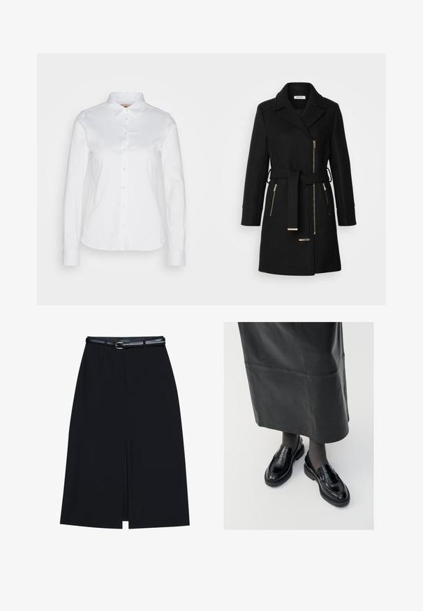 Zwarte wollen mix jas met een notch-kraag, verstelbare riem en zijritsen. Getextureerde stof met accenten in goudkleurig metaal.; Witte langwerpige blouse met knopen en een brede kraag, gemaakt van een gladde katoenstof met een afgeronde zoom. De stof heeft een lichte glans.; Zwarte knie-lange rok met een vooraanstaande split, gemaakt van gladde stof. Heeft een dunne zwarte riem met een zilveren gesp en riemlussen.; Zwarte leren loafers met een gladde afwerking, voorzien van een decoratieve band, ronde neus en gestructureerde zool. Draagt met een lange zwarte leren rok.