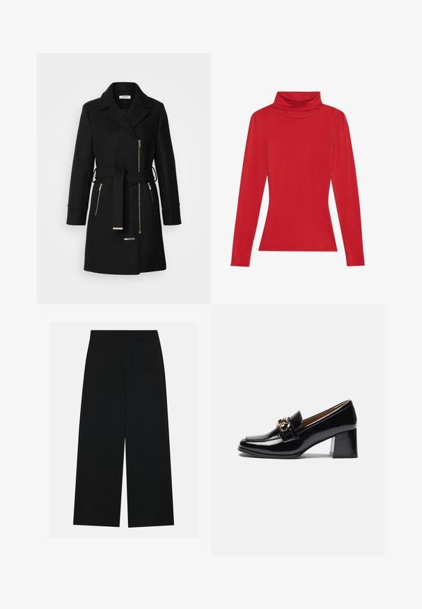 Schwarzer Wollmischungsmantel mit Reverskragen, verstellbarem Gürtel und seitlichen Reißverschlüssen. Texturiertes Gewebe mit Akzenten in Goldfarbe.; Anna Field by Zalando LONG SLEEVED TOP WITH WOOL CONTENT - Langarmshirt - red; Schwarzweite Hosen mit weitem Bein aus glattem Stoff. Besitzt einen flachen Bund mit Gürtelschlaufen und ohne sichtbare Taschen. Schlichtes Design.; Schwarze Lacklederschuhe mit Absatz, runder Zehenpartie, kräftigerem Absatz und einem goldfarbenen Hardware-Akzent auf dem vorderen Riemen.